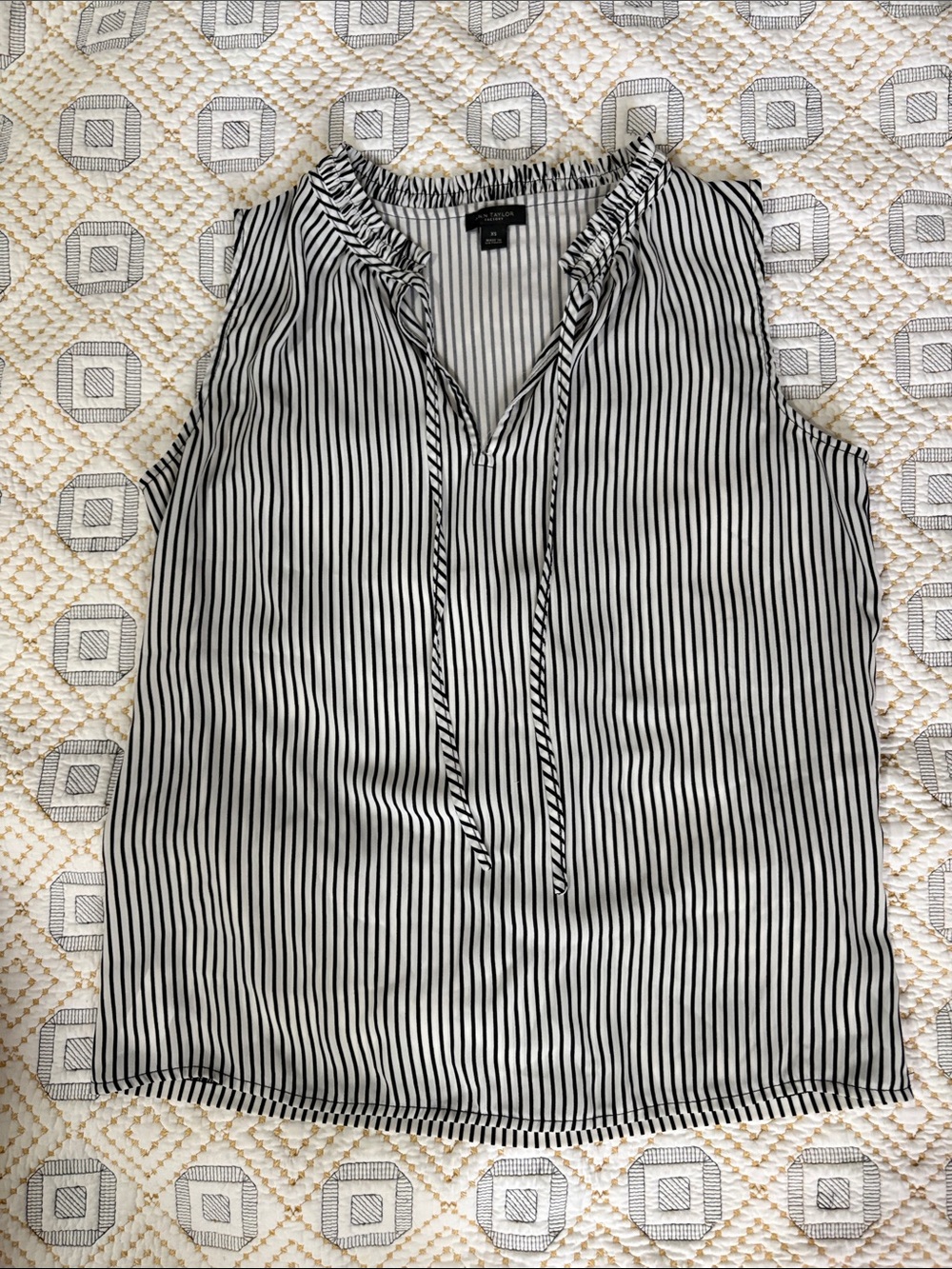 Ann Taylor Black and White Vertical Stripe Sleeveless Tie-Neck Camisole